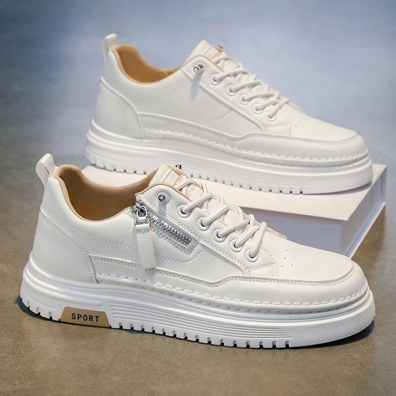 Men's Slip-On Sports Shoes Soft Bottom Casual All-Match Side Zipper Fashionable White Sneakers Spring Season Ultra-Leather