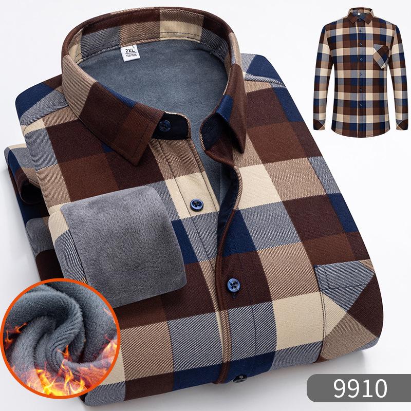 

Thickened Fleece Lined Long Sleeve Men s Shirt Warm Business Casual Plaid Dad Clothes Polyester Fabric High Color Fastness 4XL