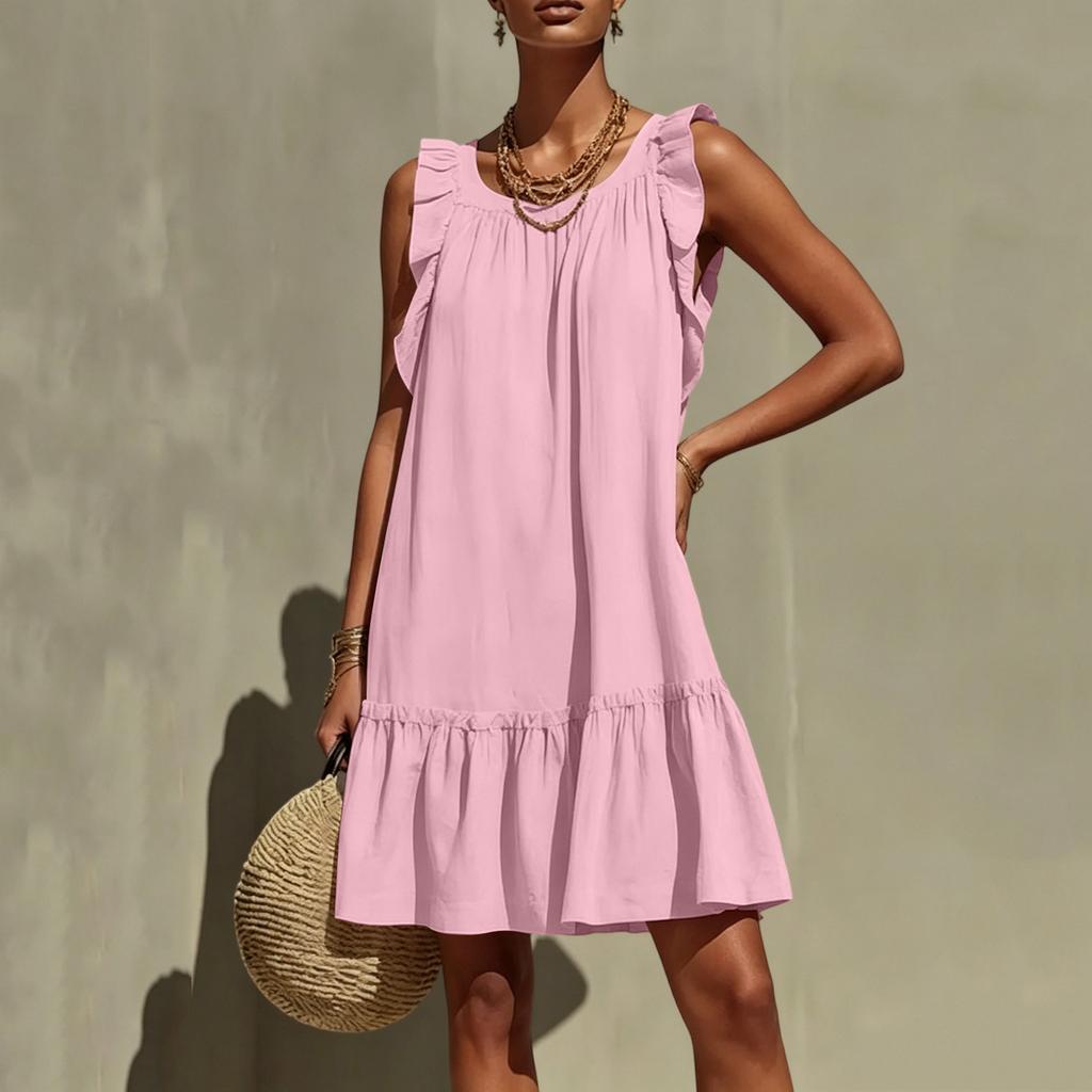 Ladies' Color Fashionable Casual Loose Round Neck Sleeveless Ruffle Dress