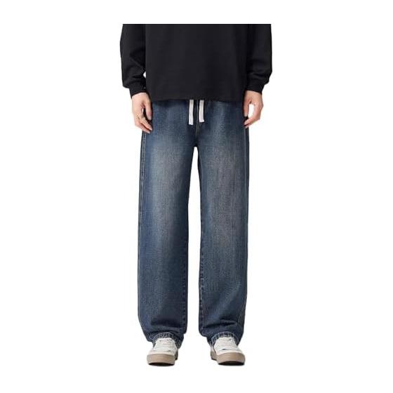 [Candy Kiosk] Denim Pants, Men s, Wide Pants, Straight Pants, Long Pants, Adjustable Straps, Elastic Waist, Large Size, Loose, Comfortable, Simple,