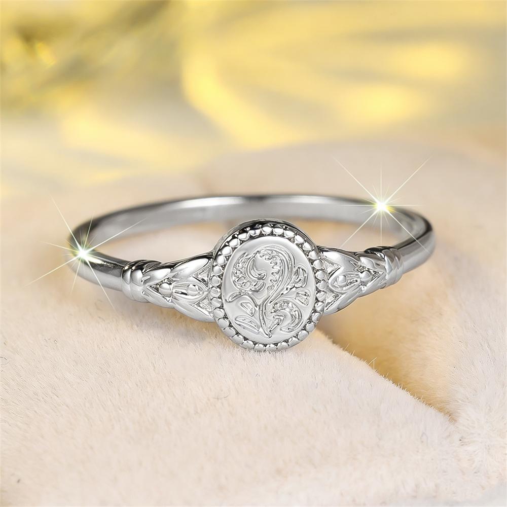 Trendy Oval Antique Metal Flower Pattern Rings For Women Vintage Silver Color Engagement Ring Wedding Jewelry Mother's Day Gifts