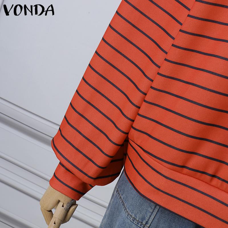 VONDA Women Doll Collar Long Sleeve Striped Casual Loose Pullovers Blouse