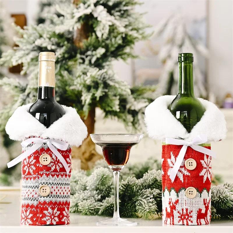 Christmas Wine Bottle Cover Knitted Red Sweater Button Snowflake Christmas Bottle Bag Xmas New Year Gift Kitchen Table Ornaments