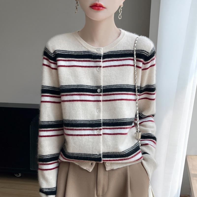 100% Wool Striped Cashmere Button-Up Sweater for Women - Korean Style, Autumn/Winter Collection