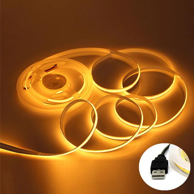DC5V 320Leds/M USB COB Strip Room Decoration Cabinet Light Lamp TV Backlight Flexible Ribbon Rope LED Strip Warm Neutral Light