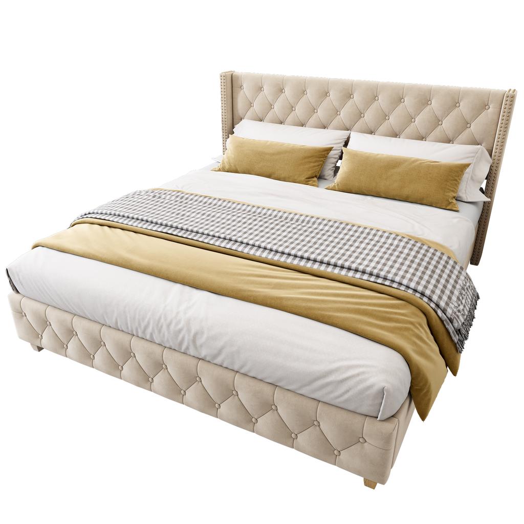 Upholstered Bed 160*200cm with Slatted Frame and Headboard, Button Tufting, Stud Upholstery, Wooden Legs, Velvet, Light Beige