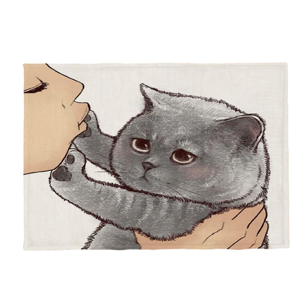 Kočičí lněná podložka na stůl Roztomilý odmítá políbit Prostírání s kresleným vzorem Dekorace na kuchyňský stůl Mat