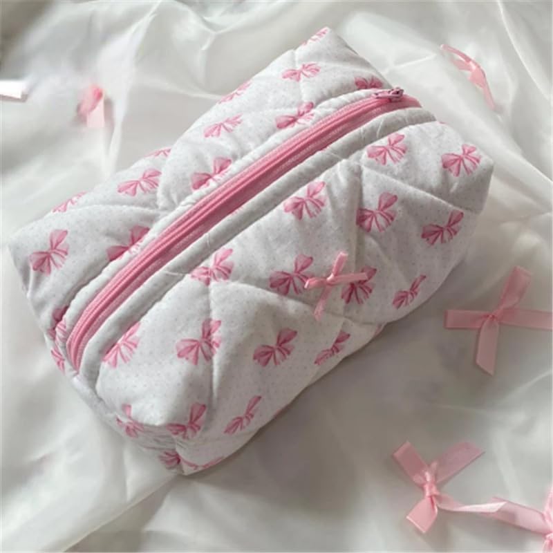 Cute Quilted Bow Y2k Makeup Bag Coquette Small Pouch Preppy Floral Heart Cosmetic Bag Toiletry Organizer Bag (Color03)