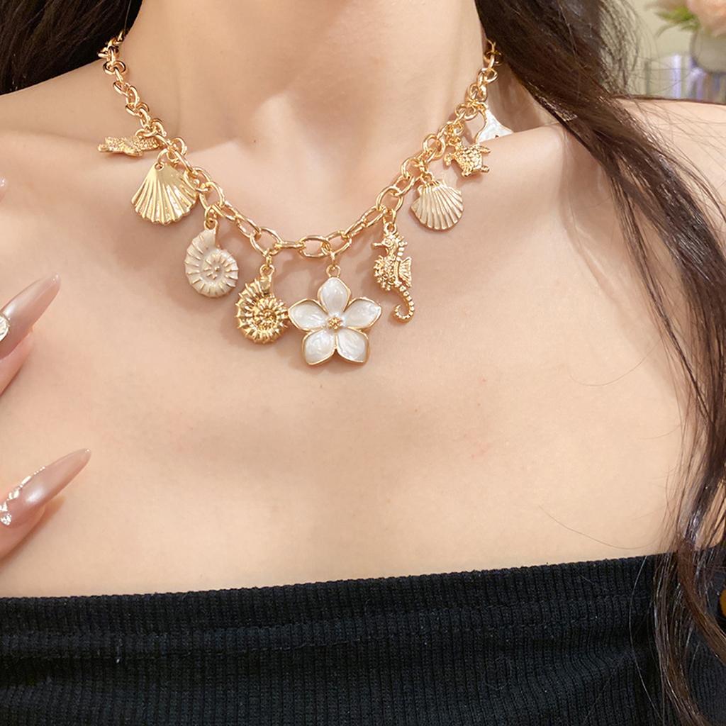 Ozean Serie Emaille Anhänger Halskette Damen Seestern Muschel Blume Halskette Retro Meeresküste Strand Urlaub Tägliche Schmuck Accessoires