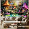 2D Fairy Tale Mushroom Village Tapestry, Colorful Houses with Pond & Flowers Wall Hanging, Fantasy Backdrop