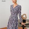 Jiu Zi Anna Coco Floral Print Puff Sleeve V-Neck Chiffon Dress
