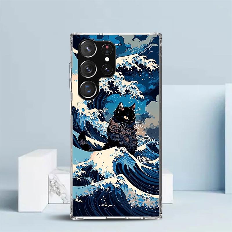 Anime Cat Sea Wave Aesthetic Phone Case For Samsung Galaxy S24 S25 Edge S26 Ultra S22 S23 Plus S21 + S20 FE Soft TPU Back Cover