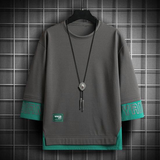 O-Neck 3/4 Sleeve Men Tops Letter Print Elastic Sweat Absorbing Breathable Hip Hop Style Fake Two Pieces T-shirt Streetwear