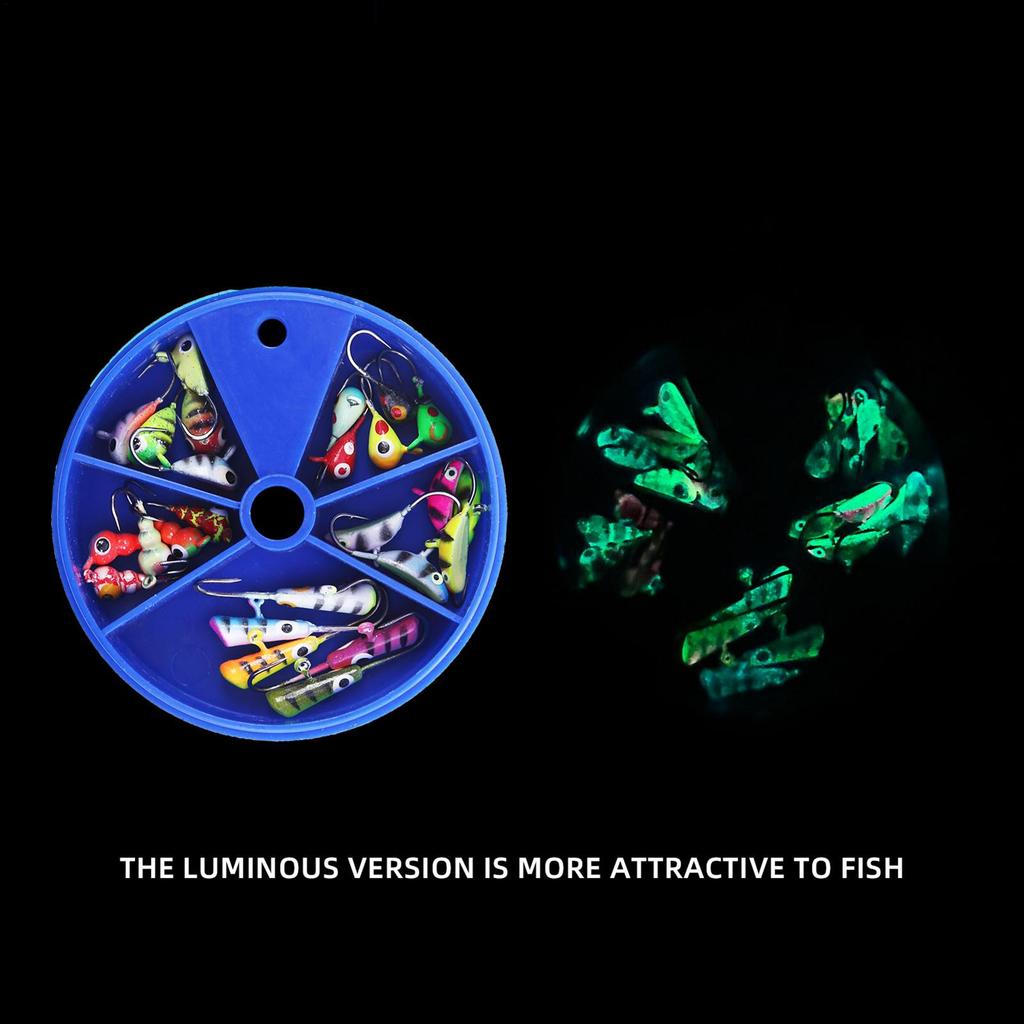 25-Piece Glowing Portable Realistic Ice Fishing Hook Bass Lures Kit for Trout Crappie Boat Lake River Saltwater Night
