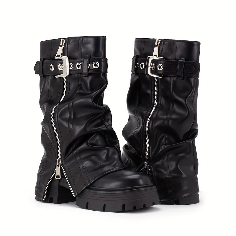 Damen Stiefel bis zur Wade Punk Stil Gotische Stiefel Mode Gürtelschnalle Design Lederstiefel Dicker Absatz Plateau Stiefel Botines Mujeres