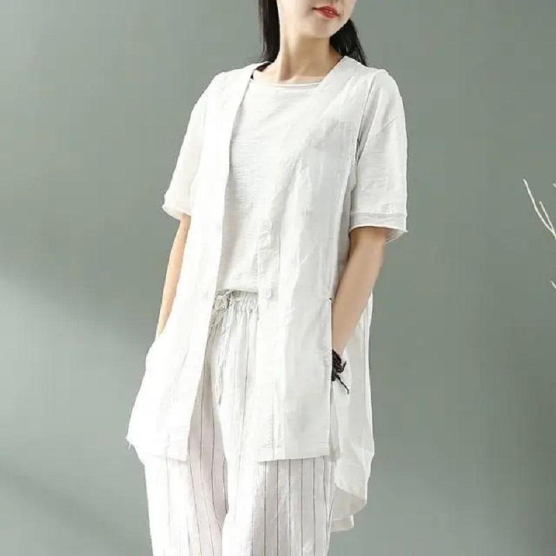 Womens Cotton Linen Vest V-neck Long Waistcoat Summer