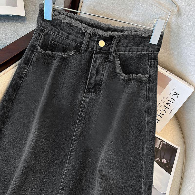 Niche High-Waisted A-Line Midi Denim Skirt - Black/Grey Straight Leg with Raw Edge Design for Women