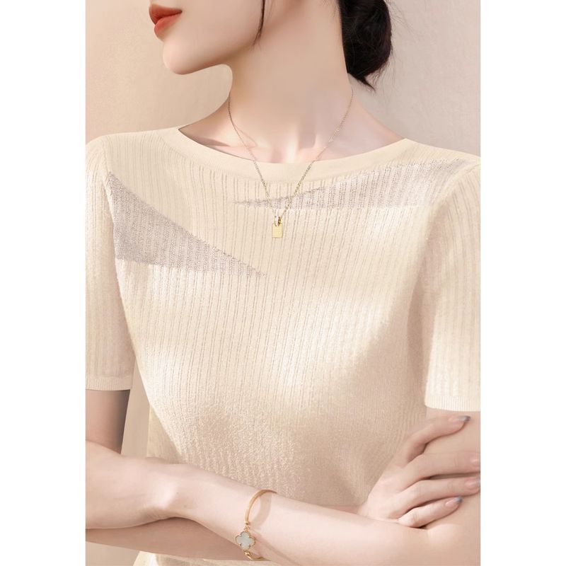 

Кружевной трикотаж с открытыми плечами, с коротким рукавом, из ледяного шелка, черный, женский, летний, новинка, лиоцелл, тенсел, сетчатый, ажурный топ Apricot color M