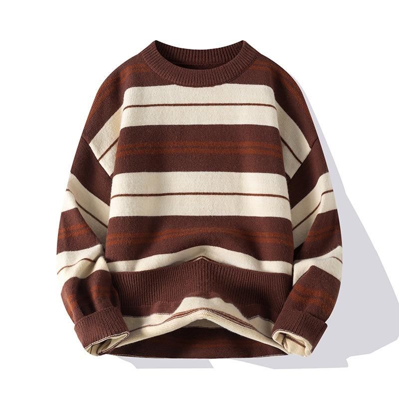 

Spring and Autumn Men s New Vintage Colorblock Striped Loose Casual Round Neck Sweater 3XL коричневий