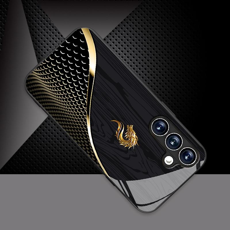 Golden dragon head texture black glass phone case suitable for Samsung Galaxy S26 S25 S24 S22 S21 S20 FE/Ultra/Plus anti drop