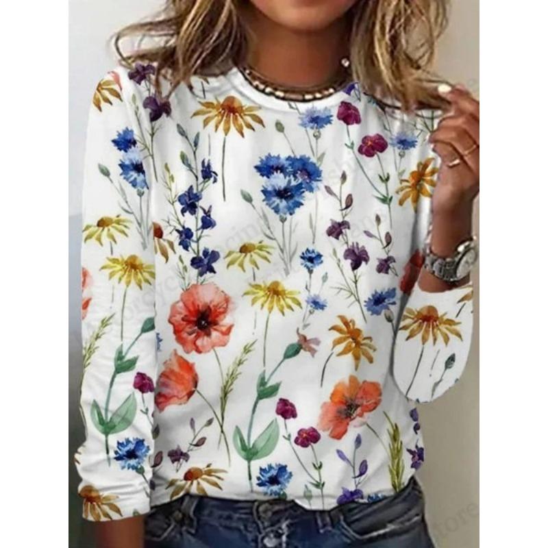 2025 New Floral 3d Print T-Shirt Casual Crew Neck Long Sleeve T-shirt Women's Clothing Fashion Casual Oversized Tops Tees Female