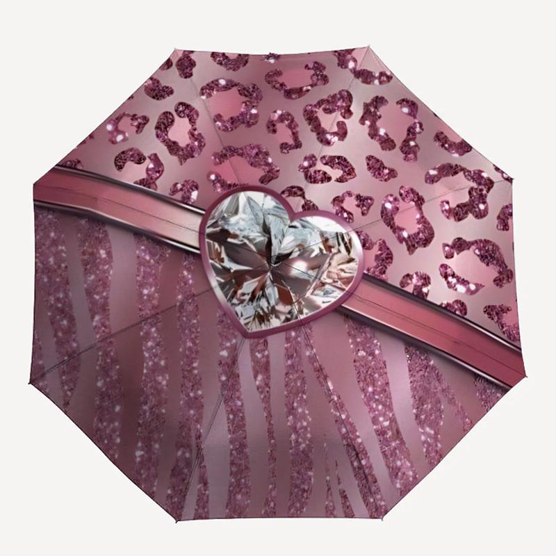 

1pc Pink Leopard Heart Auto-Fold Umbrella with One-Touch Open/Close - 8 Reinforced Ribs for Windproof Stability, yy251118261