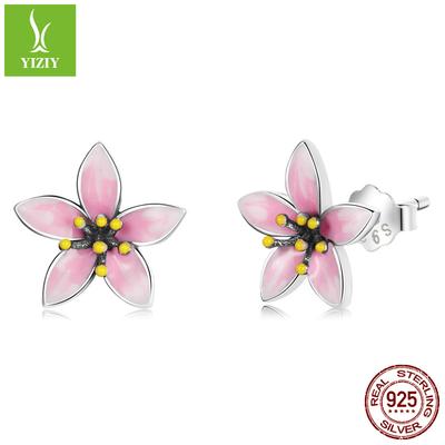 Pink Cherry Blossom S925 Silver Stud Earrings Women'S, Japanese Oil Drip Flower Earrings Earrings Sce1273