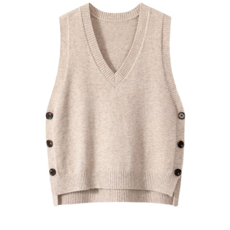 Women's Vintage V-Neck Knitting Vest Side Split Button Sleeveless Sweater Autumn Winter Solid Color Casual Waistcoat
