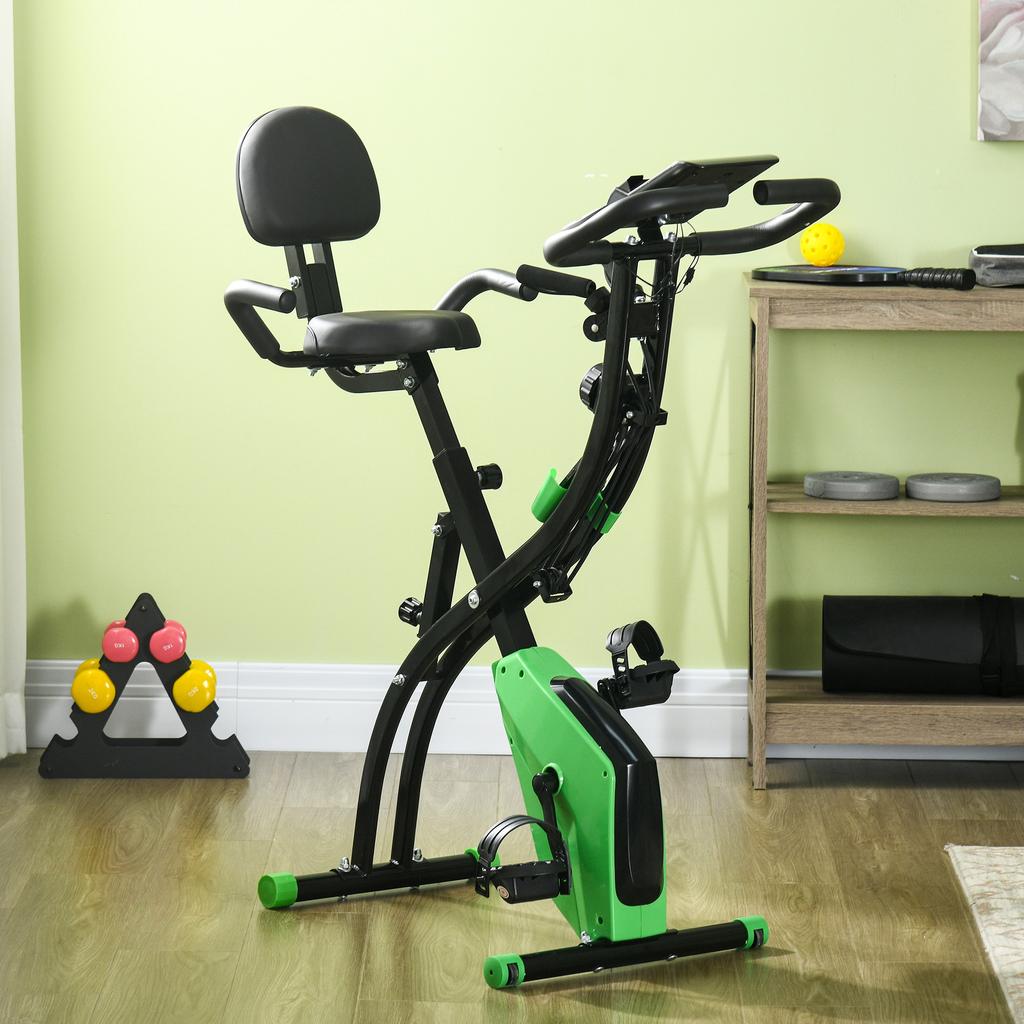 Cyclette Pieghevole 2-in-1 con Resistenza Magnetica a 8 Livelli, Elastico per Braccia, Sensore di Battito Cardiaco, Verde