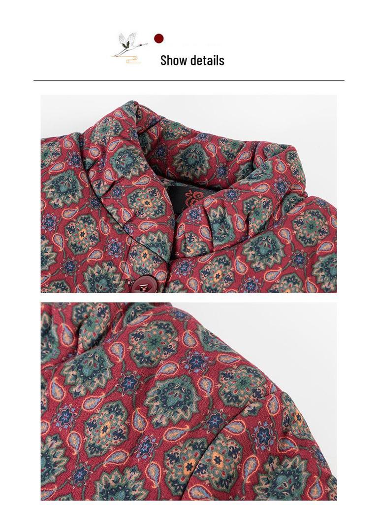 Floral Velvet-Lined Winter Coat for Middle-Aged and Elderly Women