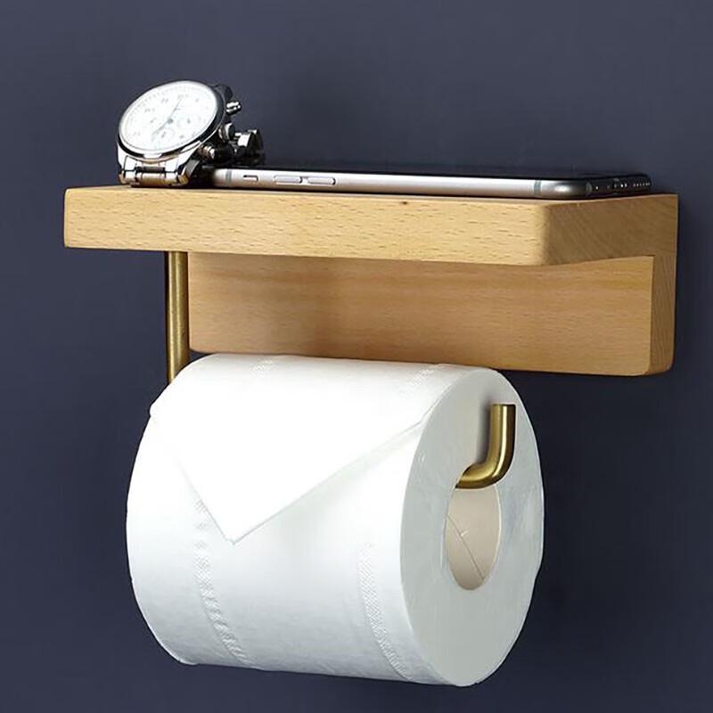 Homeglen Solid Wood Adhesive Toilet Paper Holder with Shelf
