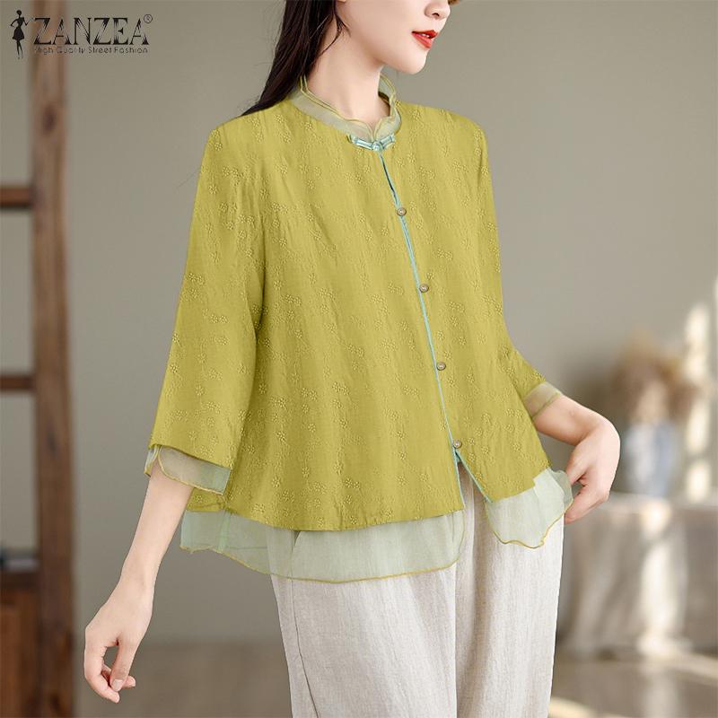 ZANZEA Vintage Damen Kurzarm Knopfleiste Patchwork Ethnische Stickerei Lässige Bluse