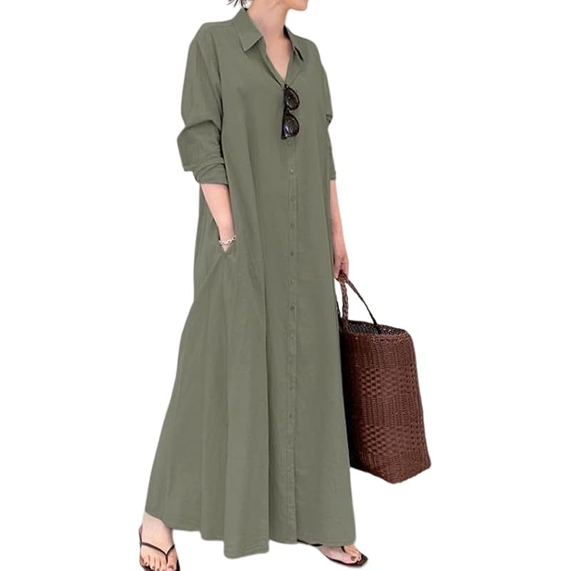 

[Luxe Relax] long one piece ladies maxi length long sleeve shirt tunic Relaxing body shape cover spring and autumn Loose khaki 5S-L01-KHXL