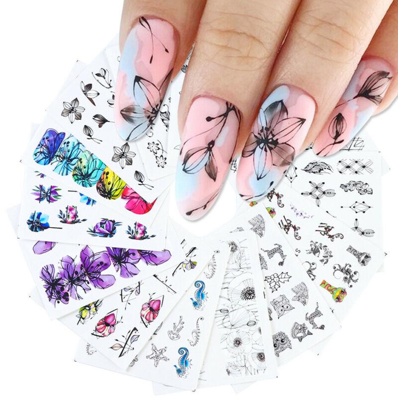 14 Sheets Nail Art Stickers Ink Outline Flower Water Transfer Decals Tips DIY