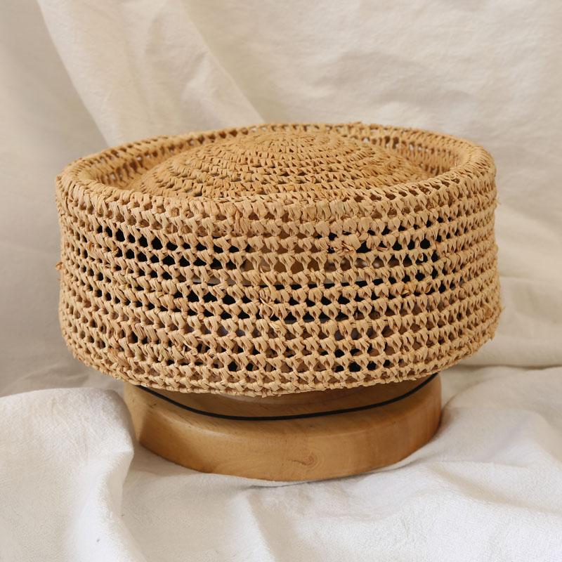 

New Handcrafted 100% Raffia Grass Beret Fashion Retro Women Concave Top Brimless Hat Summer Mesh Flight Attendant Straw Hat 56-58cm