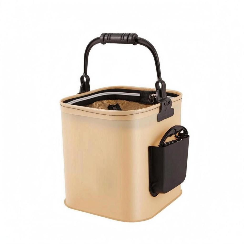 Foldable Fishing Bucket Padded Handle Square Angling Container Side Pockets Basket