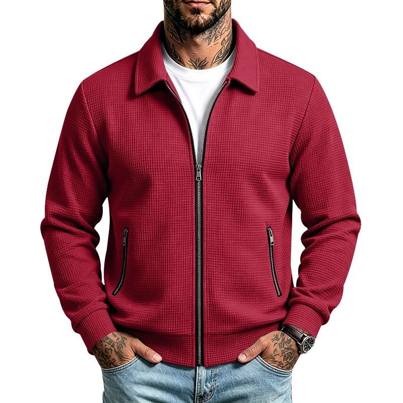 Men S Loose Fit Lapel Zip Pocket Waffle Knit Jacket