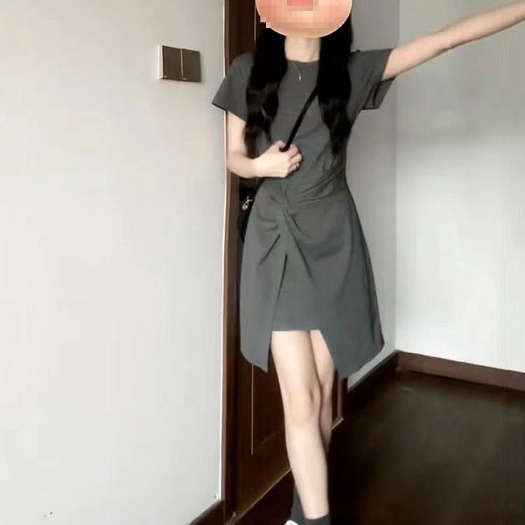 Classic French Style Grey Knit Short Sleeve Dress For Business Casual Women