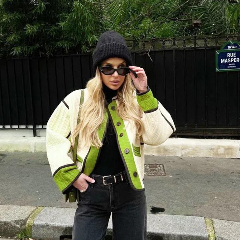Women’s Quilted Jacket Lightweight Long Sleeve Color Block Padded Puffer Coat Outerwear