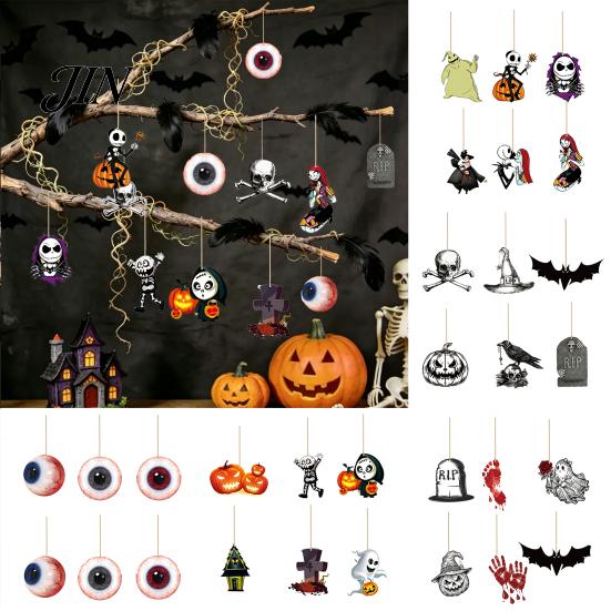 Halloween Hanging Decor 6Pcs Wooden Decoration, Ghost Pumpkin Eyeball Pendant Ornament with Rope, Spooky Holiday Party Decorations