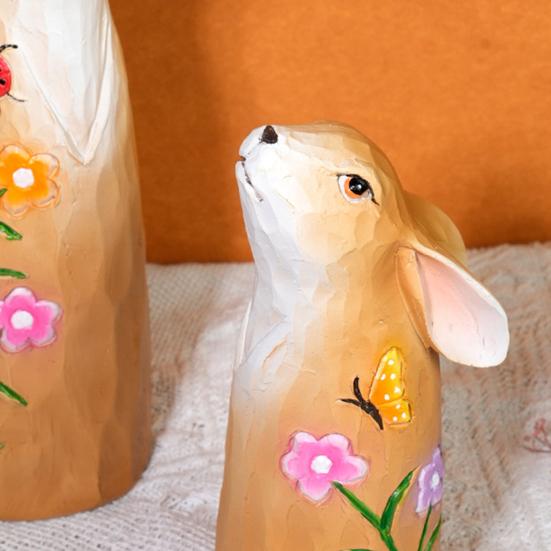 1 Pair Easter Bunny Figurine Carving Flower Butterfly Ladybird Rabbit Statue Animal Sculpture Holiday Party Desktop Decoration Ornament