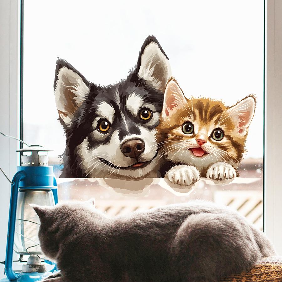 Cute Cat and Dog Peeking Watercolor Healing Window Stickers, Self-Adhesive Double-Sided Visible Decor for Bedroom Living Room Decoration