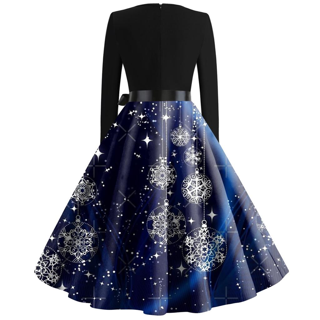 Kvinners avslappet mote langermet juleprintet vintage lange kjoler