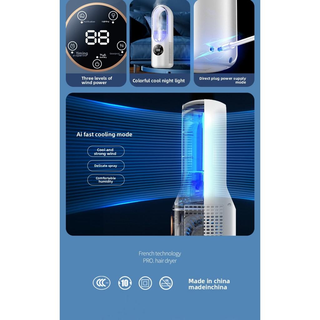 Ventilatore Portatile Aria Condizionata, Ventilatore a Torre USB, Ventilatore da Scrivania Senza Pale - Raffreddamento a Nebbia d'Acqua, Luce Ambientale LED a Sette Colori, Timer e Spegnimento Intelligente