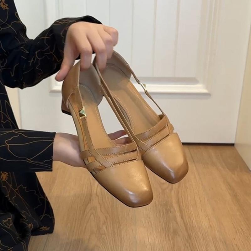 

Sheepskin version~ retro hollow shallow mouth breathable sandals women s one-pedal literary style low heel commuting leather single shoes summer 35