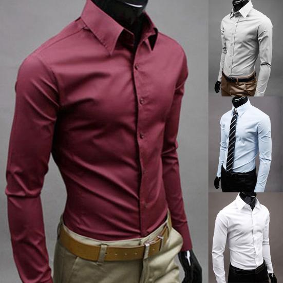 Herren Einfarbig Business Slim Fit Langarm Knopf Umlegekragen Hemd Top