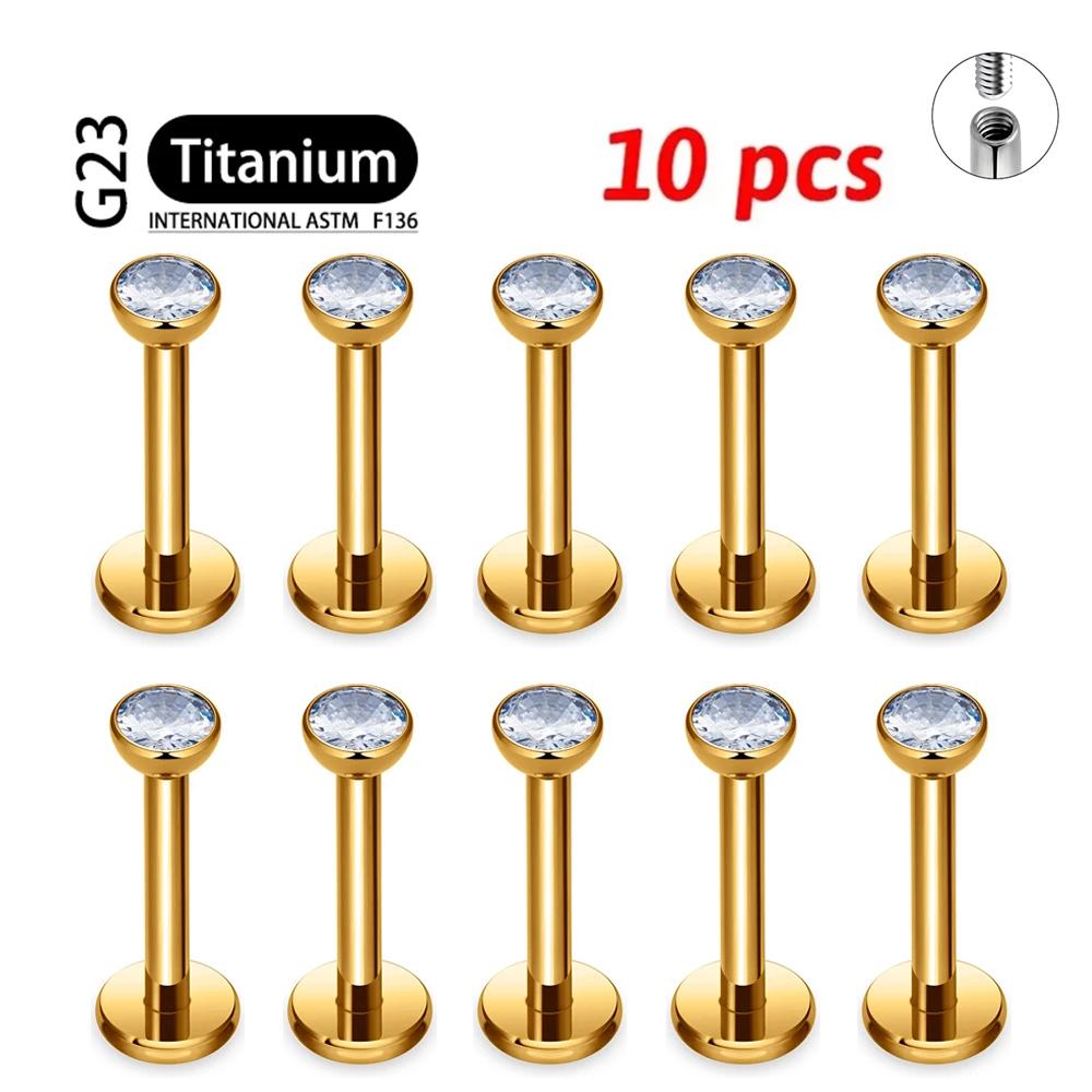 10Pcs ASTM F136 Titanium 18G/16G Internal Teeth Labret Stud CZ Cartilage Earring Helix Tragus Nose Stud Piercing