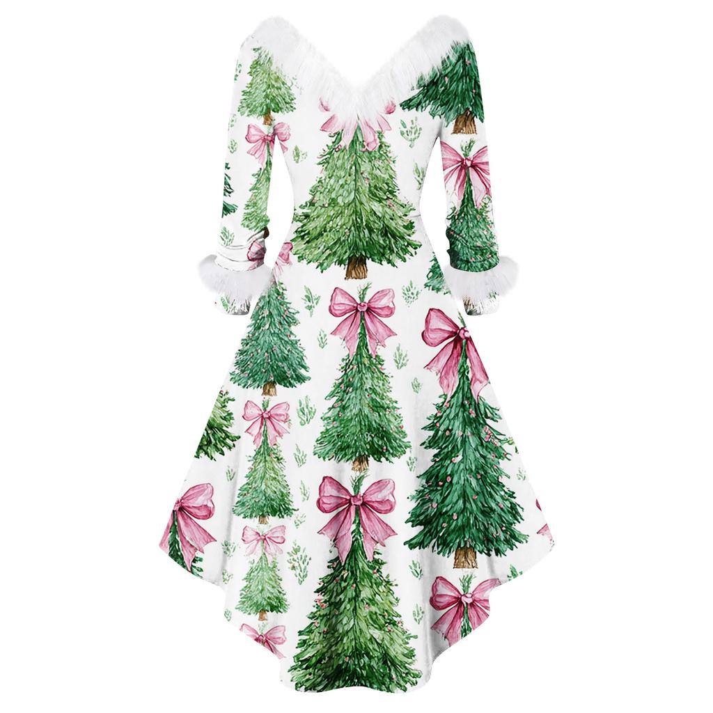 Damen Modisches Lässiges Figurbetontes Weihnachtsdruck Party Langarmkleid