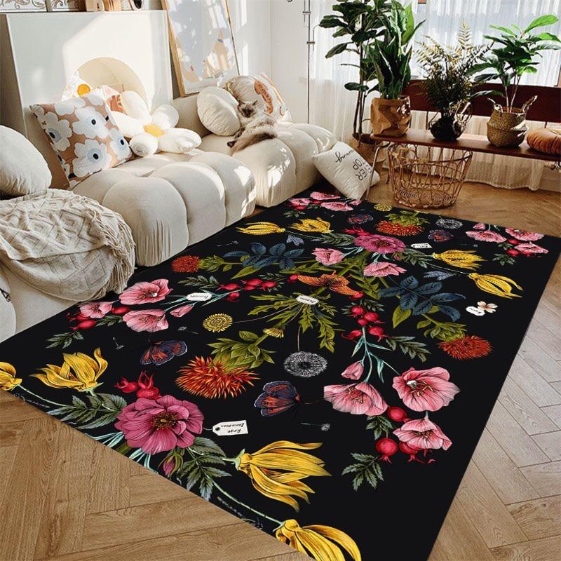 Modern Art Floral Area Rug – Black White Non-Slip Floor Mat, Indoor Carpet for Living Room Entryway Decor