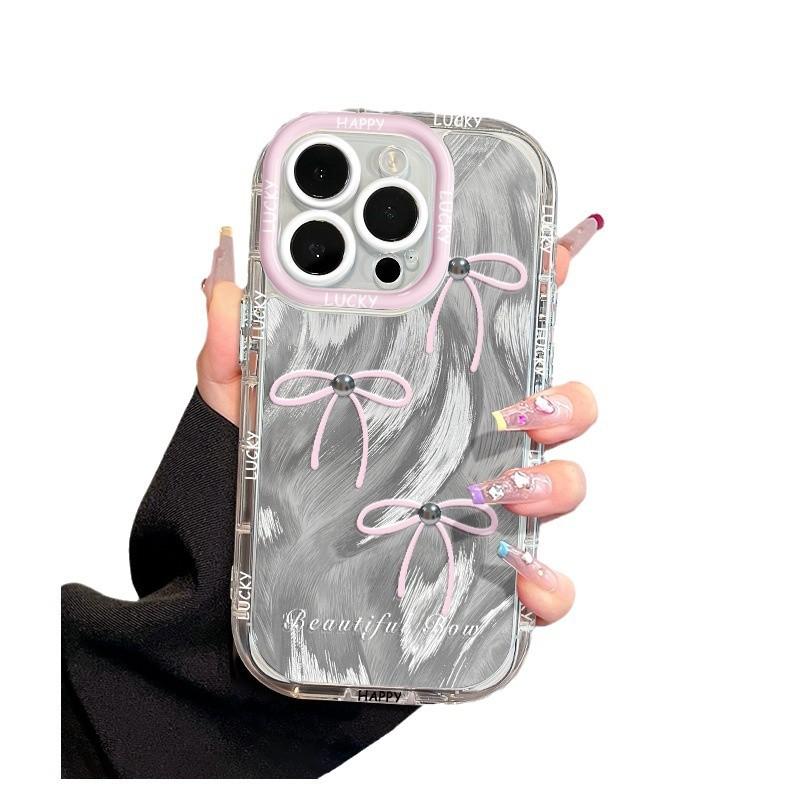 Pink Bow Suitable for Apple 16promax Mobile Phone Case Iphone15plus Feather Cream 14 13